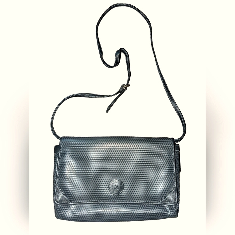 LIZ CLAIBORNE VINTAGE GRAY AND BLACK LEATHER LOGO CROSSBODY OR CLUTCH